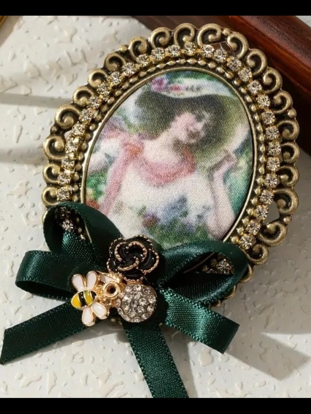 Vintage-Style Green Ribbon Cameo Brooch with Bee Accent